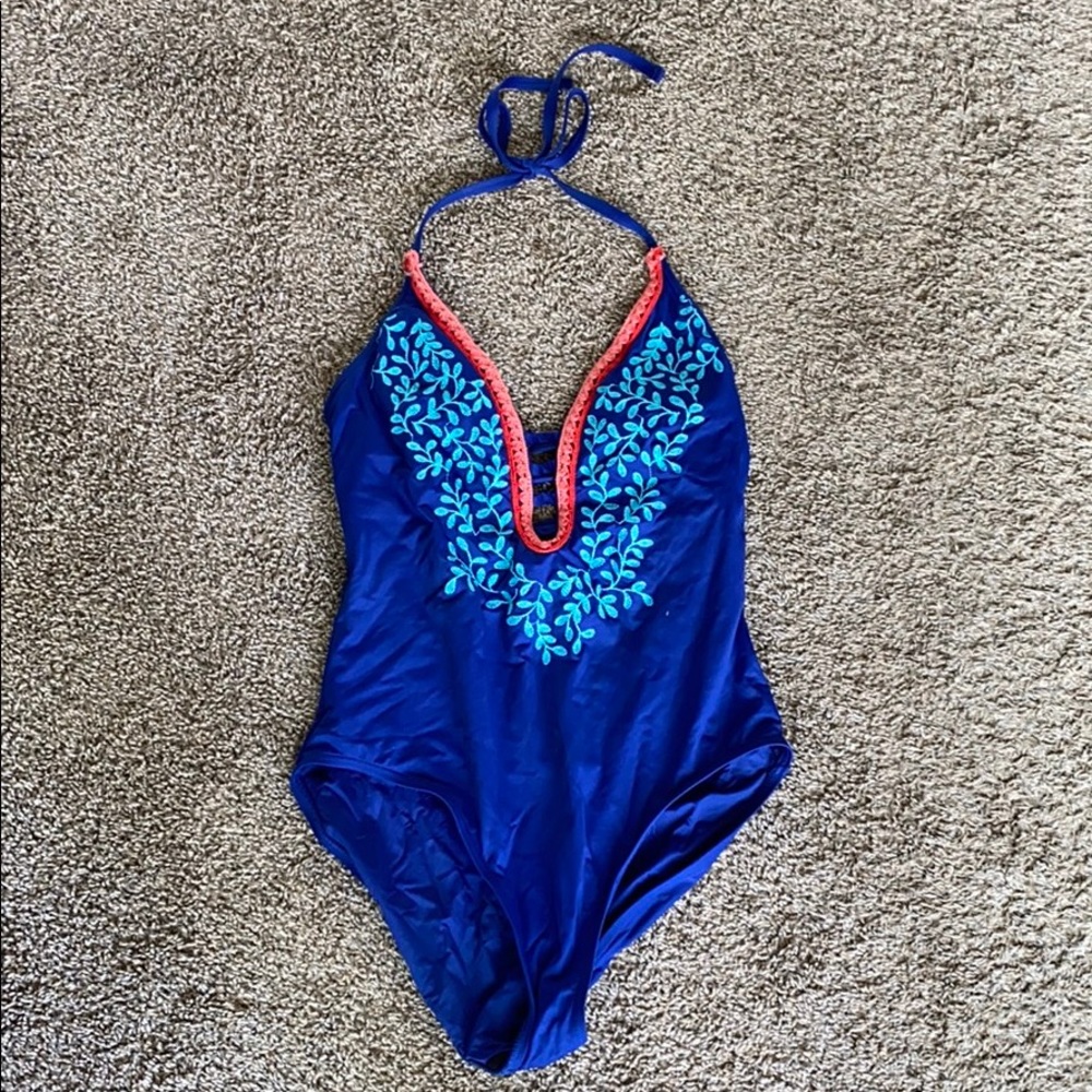 New Plunge top embroidered blue one piece swimsuit